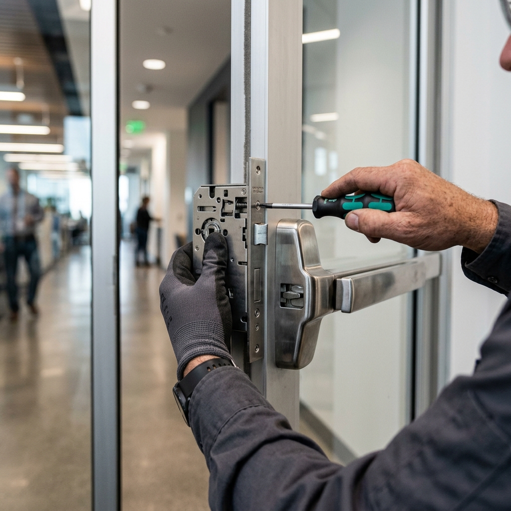 Commercial door panic bar hardware installation
